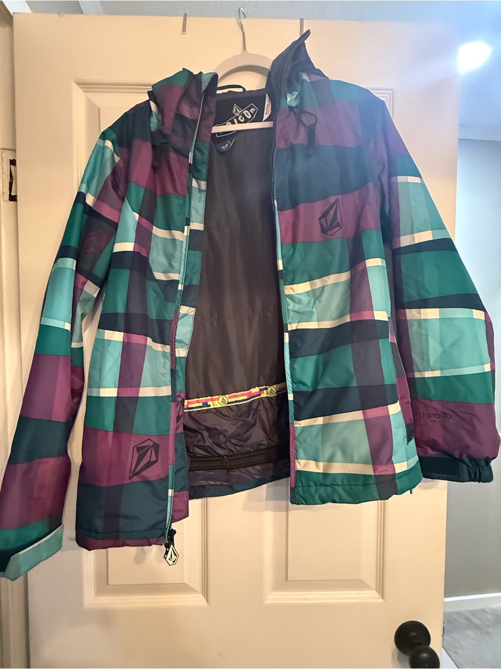 Volcom Teal, Purple & Navy Plaid Hooded Snow Jacket